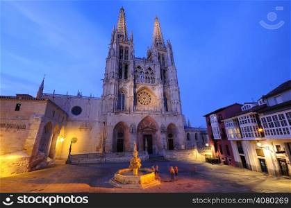 Night view of Burgos Cathedral in Spain.&#xA;