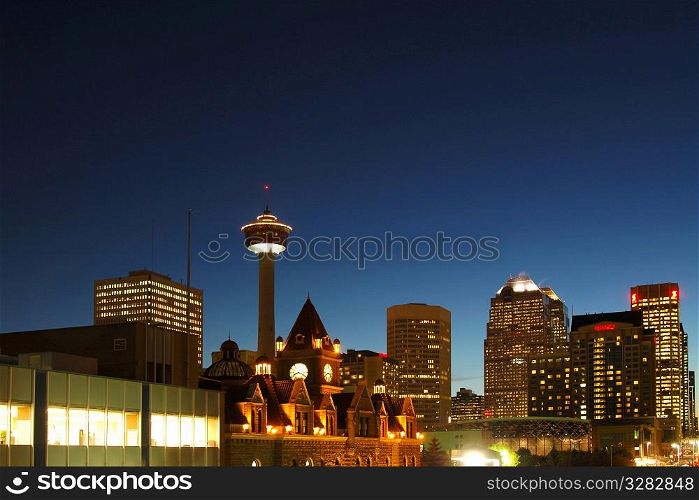 Night view of Calgary Tower and old City Hall.