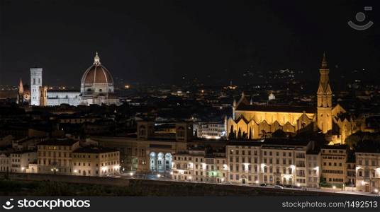 Night view of Florence. Cathedral of Santa Maria del Fiore and church of Santa Croce. Horizontal image
