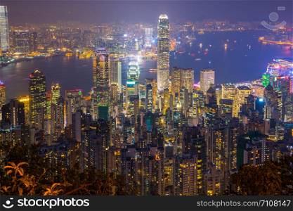 Night view of Hong Kong cityscape in Hong Kong, China.