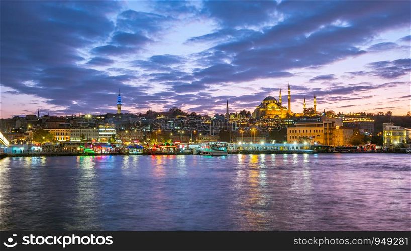 Night view of Istanbul port in Istanbul city, Turkey.