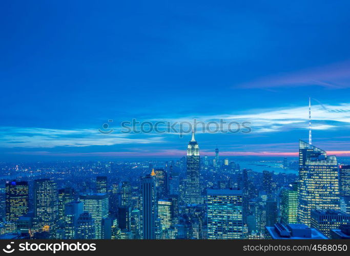 Night view of New York Manhattan during sunset