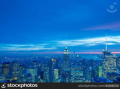 Night view of New York Manhattan during sunset