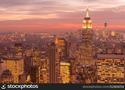 Night view of New York Manhattan during sunset