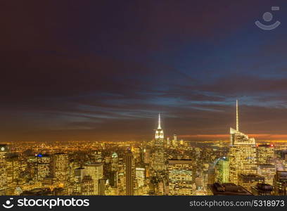 Night view of New York Manhattan during sunset