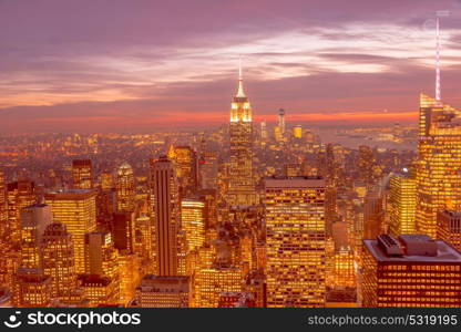 Night view of New York Manhattan during sunset