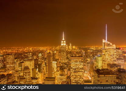 Night view of New York Manhattan during sunset