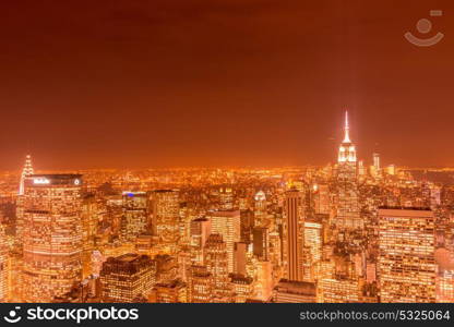 Night view of New York Manhattan during sunset