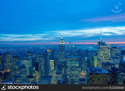 Night view of New York Manhattan during sunset