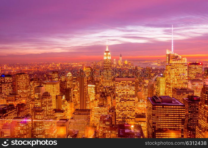 Night view of New York Manhattan during sunset