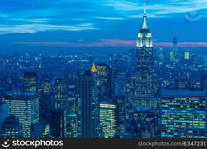 Night view of New York Manhattan during sunset