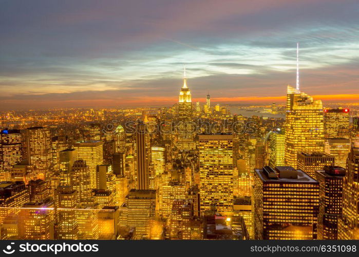 Night view of New York Manhattan during sunset