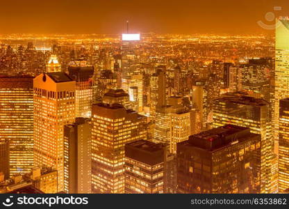 Night view of New York Manhattan during sunset