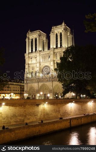 Night view of Notre Dame de Paris, France
