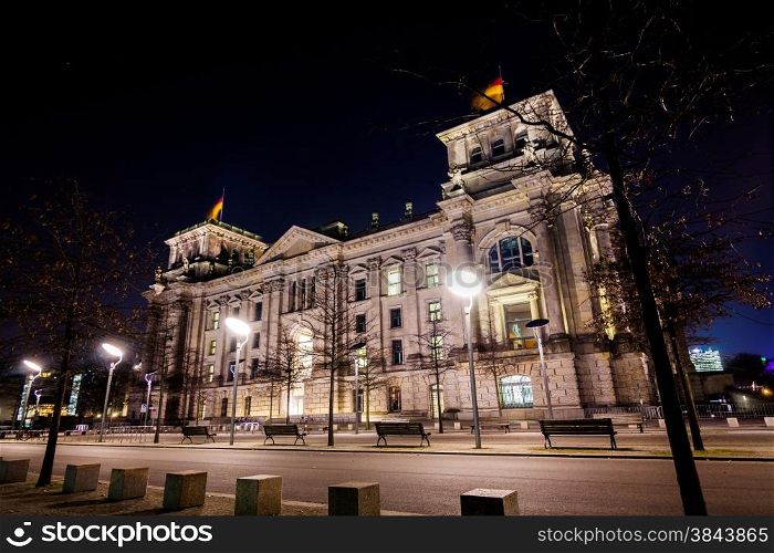 Night view of Reichstag building in Berlin, Germany. Building of Reichstag (Bundestag),