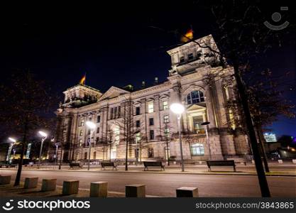Night view of Reichstag building in Berlin, Germany. Building of Reichstag (Bundestag),