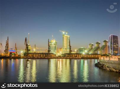 Night view of sea port in Baku Azerbaijan
