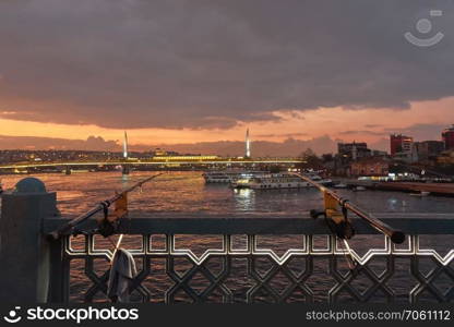 Night view of skyline of Borphorus and Galata bridge, Istanbul, Turkey.