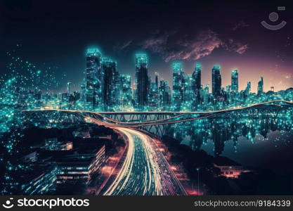 Night view of smart city and dot points design. Internet of Things, information communication network and big data connection technology concept. Generative AI. Night view of smart city design, big data communication network. Generative AI