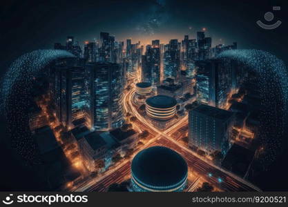 Night view of smart city and dot points design. Internet of Things, information communication network and big data connection technology concept. Generative AI. Night view of smart city design, big data communication network. Generative AI