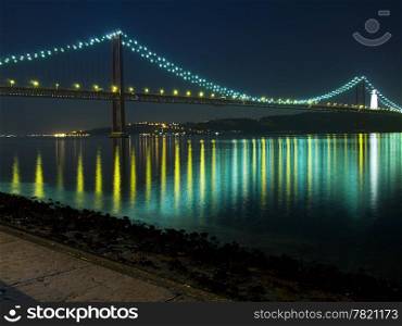 Night view of the April 25 (25 de Abril) Bridge in Lisbon, Portugal as seen from the Belem district. Completed in 1966 , this suspension bridge across the Tagus River is the longest central span in Europe. Originally named after dictator Salazar, the name was changed after the revolution of April 25, 1974.