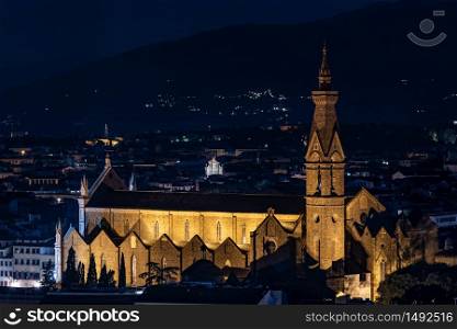 Night view of the Basilica of the Holy Cross (Basilica di Santa Croce), Franciscan church in Florence, horizontal image