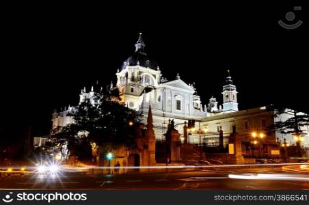 Night view of the Cathedral of Almudena in Madrid.