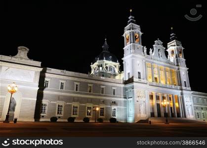 Night view of the Cathedral of Almudena in Madrid.