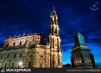 Night view of the Cathedral of the Holy Trinity (Hofkirche) in Dresden, as seen from Schlossplatz square. Long exposure.