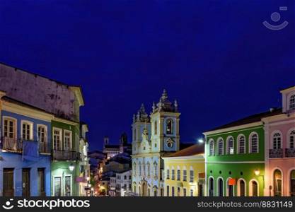 Night view of the houses and church of the famous historic district of Pelourinho in Salvador Bahia. Night view of the houses and church of Pelourinho district