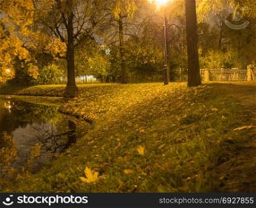 Night view of the illuminated river bank in a night park