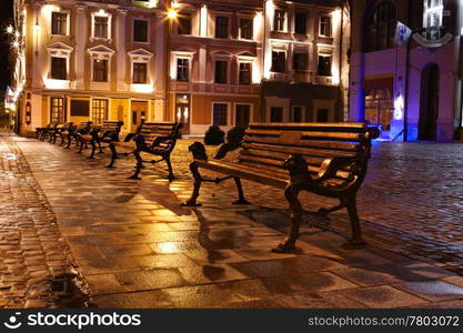 Night view of the old european town. Lvov, Ukraine