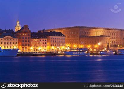 Night view of the Old Town (Gamla Stan) pier in Stockholm, Sweden