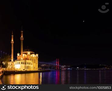 Night view of the Ortakoy Mosque, Istanbul, Turkey.. Night view of the Ortakoy Mosque, Istanbul, Turkey