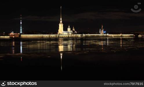 Night view of the Peter and Paul Fortress, St. Petersburg, Russia.