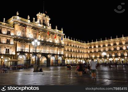 Night view of the Plaza Mayor of Salamanca in Spain.