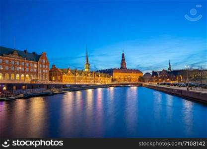Night view on Christiansborg Palace in Copenhagen, Denmark.