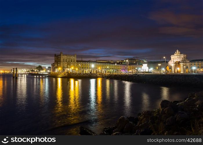 Night view on river Tejo and Commerce Square (Lisbon, Portugal)