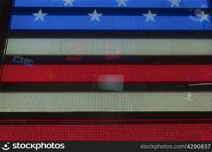 Night views of New York City, USA. American Flag at Times Square.
