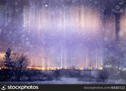 Night winter landscape light poles