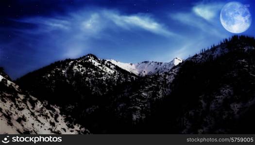 Night winter mountain winter landscape with yellow moon and stars