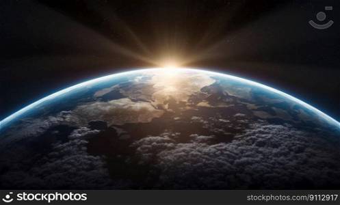 Nightly Earth planet in outer space with sun flare