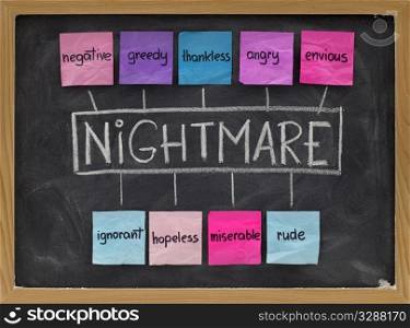 NIGHTMARE (Negative, Ignorant, Greedy, Hopeless, Thankless, Miserable, Angry, Rude, Envious) acronym of negative emotion and character traits, colorful sticky notes, white chalk handwriting on blackboard