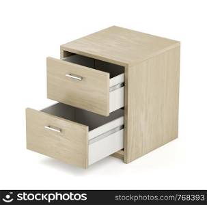 Nightstand with two opened drawers on white background