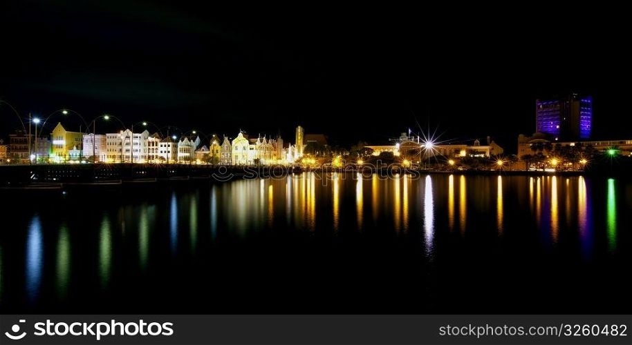 Nighttime panorama picture of Willemstad city, Curacao. Willemstad