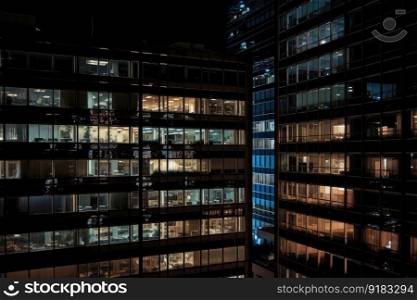 nighttime view of modern high-rise with lighting and reflections on the windows, created with generative ai. nighttime view of modern high-rise with lighting and reflections on the windows