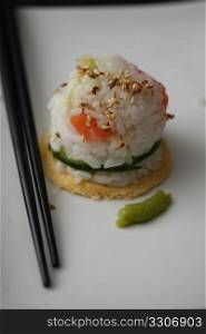Nigirisushi with cucumber, salmon, rice and egg
