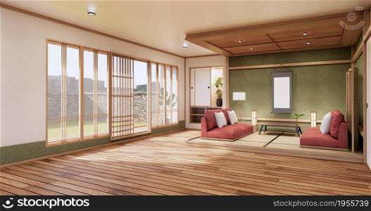 Nihon green room design interior - room japanese style. 3D rendering