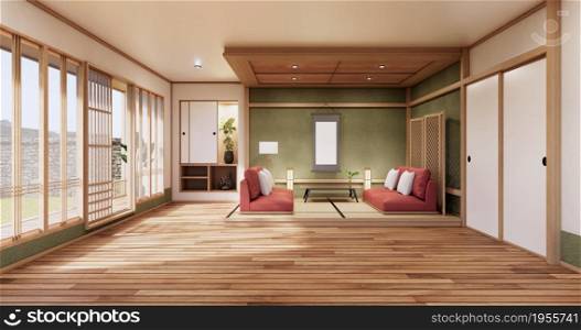 Nihon green room design interior - room japanese style. 3D rendering