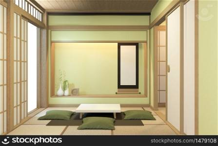 Nihon green room design interior with door paper and cabinet shelf wall on tatami mat floor room japanese style. 3D rendering